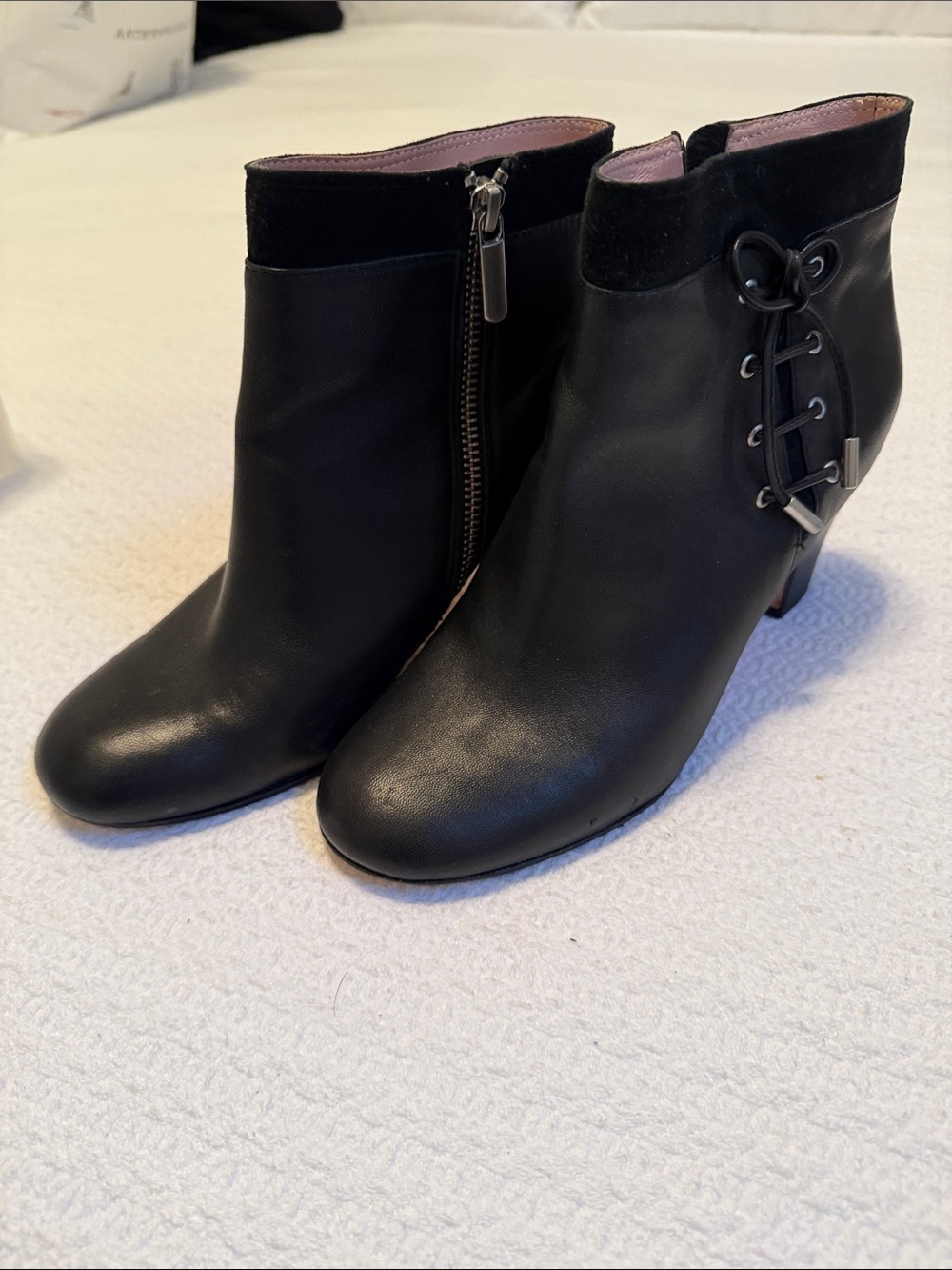 Taryn Rose Black Leather Ankle Booties with Side Zip & Lace Accent
